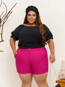 Women's Plus Size Shorts With Tailored Elastane Mid-Thigh Elastic At The Back Italian Hem And Belt Loop - Màu tím - Xem 4