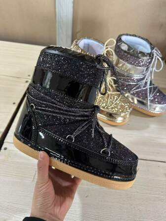 Glitter Gold Lace-Up Winter Ankle Boots, Thick Sole Snow Boots For Women