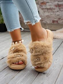 户外/室内毛绒水钻拖鞋，舒适柔软保暖增高防滑女士凉鞋 - 棕色 - 查看 4