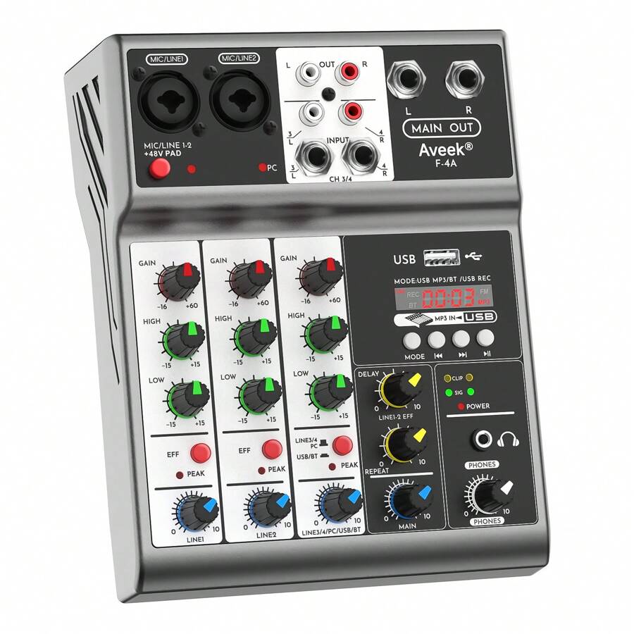 Mezclador de audio profesional Aveek, consola de mezcla de sonido con efecto de eco de retardo digital USB Bluetooth de 4 canales, entrada de alimentación fantasma de 48 V, mezcladores de DJ estéreo para grabación, transmisión en vivo, podcasting - Negro - Ver 1
