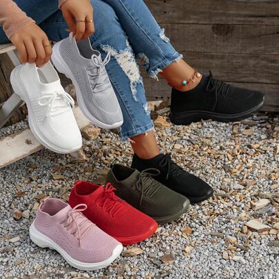 Women's Fashion Bohemian Style Round Toe Knit Lace-Up High Elastic Breathable Non-Slip Casual Sports Shoes