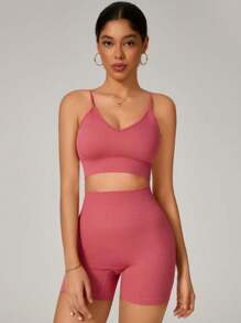 Seamless Ribbed Sport Yoga Set Shorts And Crisscross Top Adjustable Strap Backless Butt Lift Shapewear Foreign Fashion Gym Fitness - 藕粉色 - 查看 5