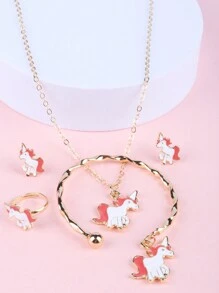 1 套女孩首饰套装，金色锌合金手链项链耳环戒指套装，带花朵和独角兽设计，生日/节日/派对礼物，圣诞礼物 - 彩色 - 查看 4