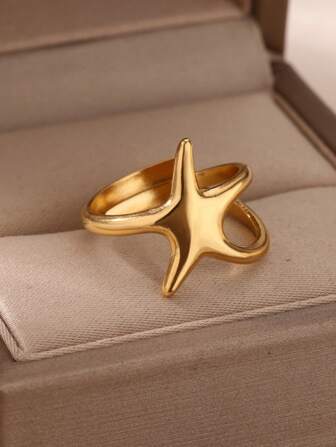 1Pc Starfish Ring For Women 18K Gold-Plated Stainless Steel Star Ring Ladies' Charm Jewelry Accessories