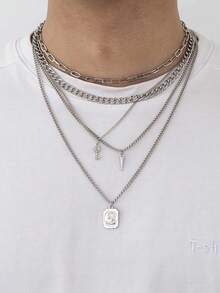 3 件套男士复古金属装饰链环项链套装，时尚潮流珠宝，适合街头、节日、派对 - 彩色 - 查看 1