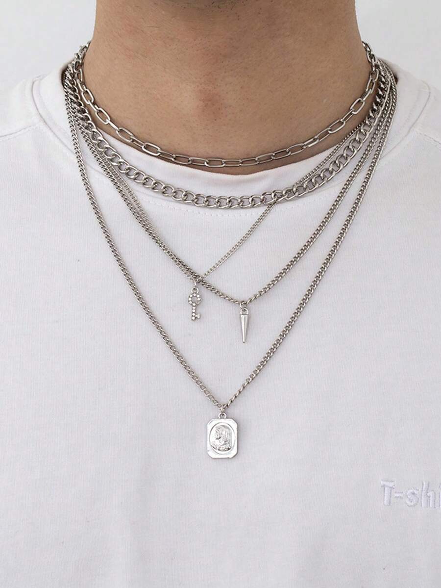 3 件套男士复古金属装饰链环项链套装，时尚潮流珠宝，适合街头、节日、派对 - 彩色 - 查看 1