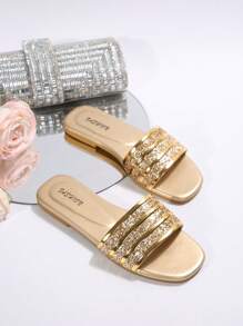 Women Woven Strap Decor Sandals, Open Toe Slippers, Round Toe, Low Heel, Comfortable & Minimalist, For Indoor & Outdoor Summer Wear - Gold - View 6