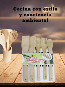 Set de 5 cucharas Utensilios de bambú para cocina - Caqui - Ver 2
