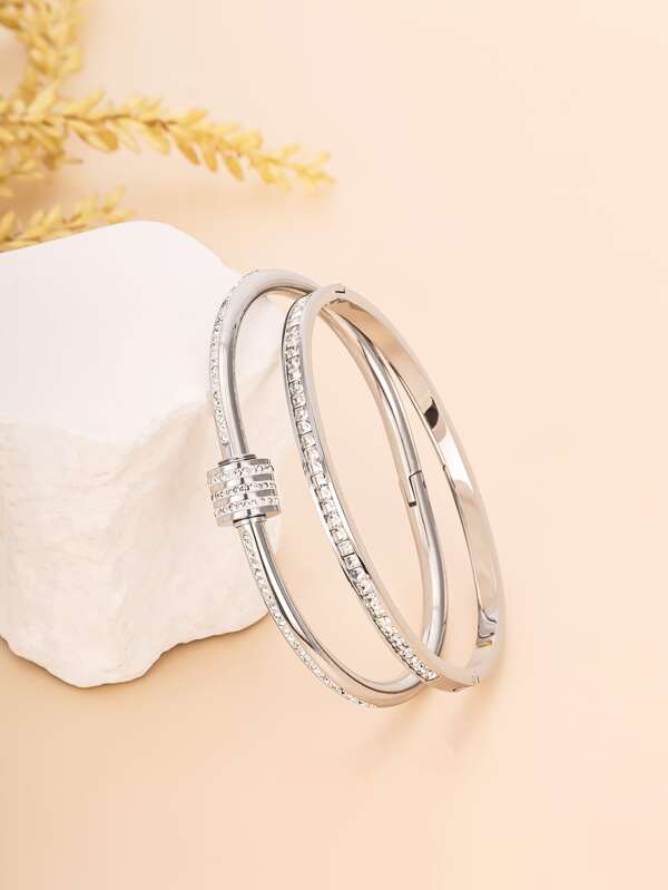 2pcs Vintage Style Stainless Steel Bracelet With Rhinestones, Suitable As Gifts For Friends And Family