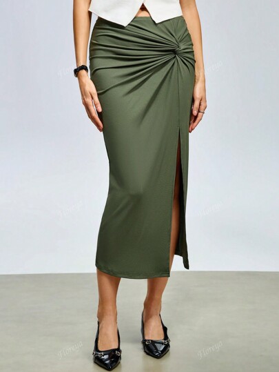 Floreya Women High Waisted Sexy Mature Figure Flattering Ruched Twist Midi Bodycon Skirt