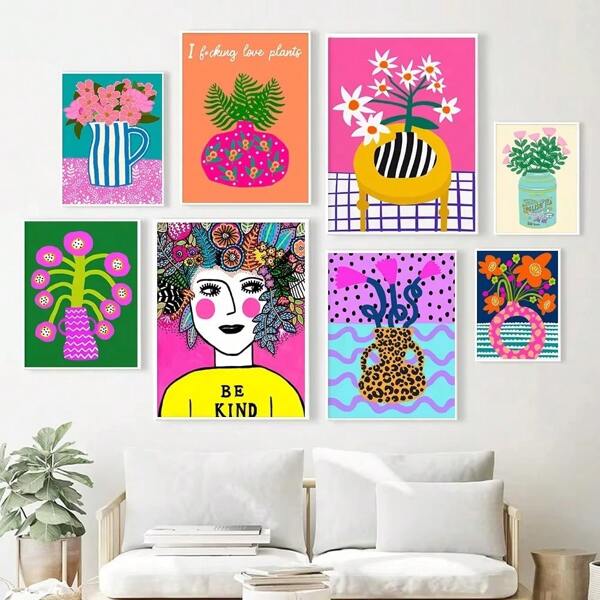 1pc Abstract Vase Indoor Painting Art Wall Flower Pot Funny Woman Colorful Flower Poster Picture Printing Living Room Home Decoration 1pc Wall Arts Posters Optional Frame Vintage