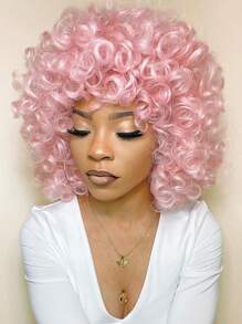 Curly Wig Big Curly Wigs For Women 12 Inch Full Curly Afro Wig With Bangs Synthetic Hair Replacement Wigs For Cosplay And Daily - Pink - View 2