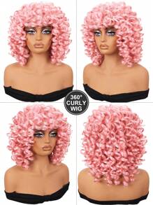 Curly Wig Big Curly Wigs For Women 12 Inch Full Curly Afro Wig With Bangs Synthetic Hair Replacement Wigs For Cosplay And Daily - Pink - View 5