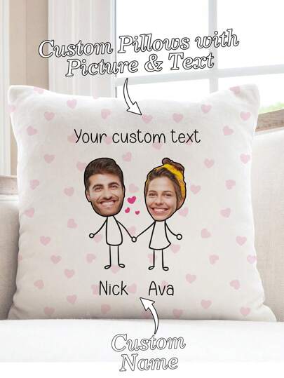 1pc Customized DIY Couple Portrait & Name Printed Pillowcase, Cartoon Custom Text & Heart Design Single-Sided Pillow Cover, Suitable For Wedding Anniversary, Valentine's Day, Proposal, Date, Couple/Spouse Gift, No Pillow Insert, Customized Cushion Covers,Home Textile,Christmas Home Atmosphere, Autumn Home Refresh,Fall Decor
