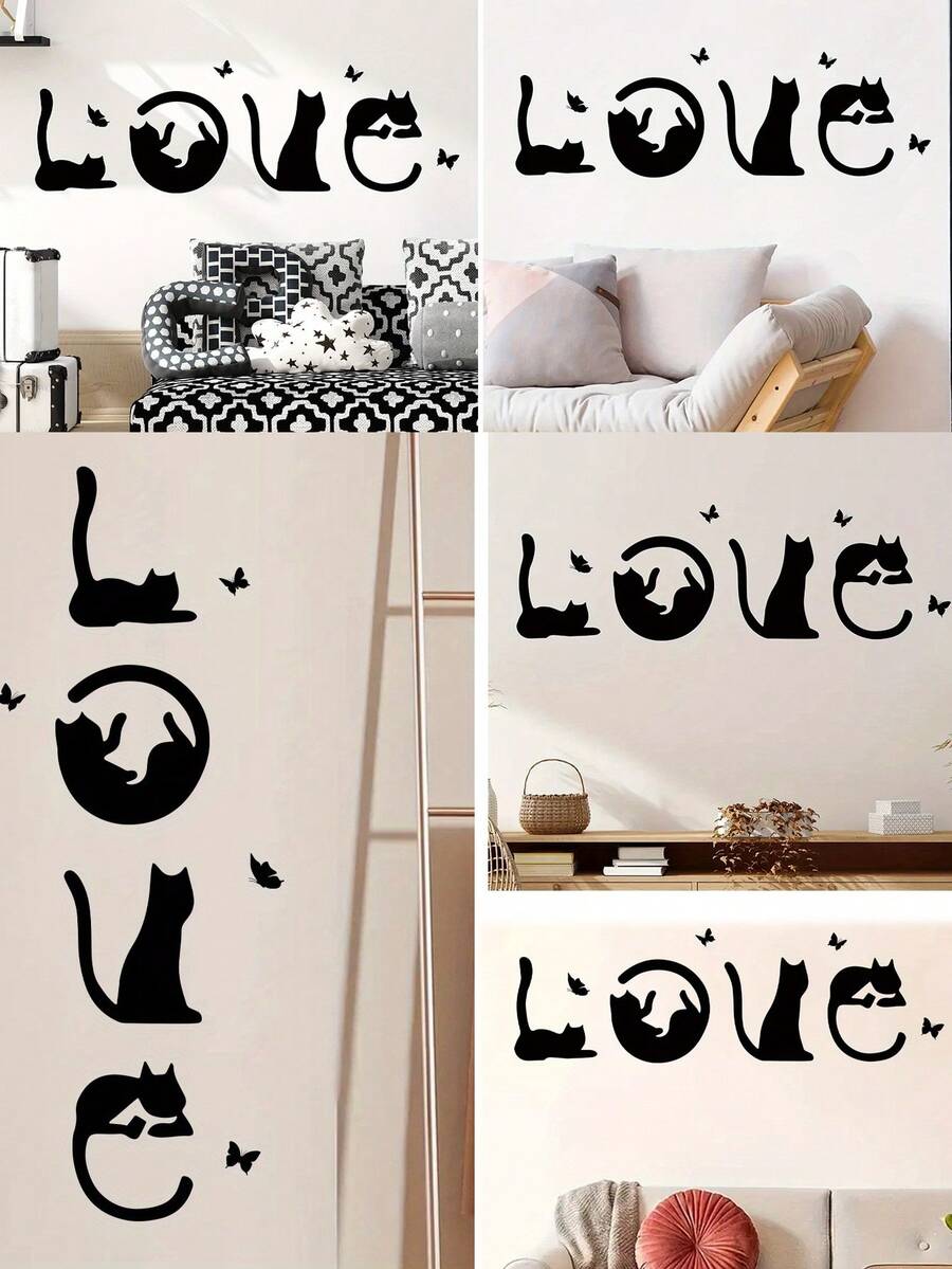1 套猫墙贴，可爱卡通动物剪影图案自粘式可移除装饰墙贴，适合猫爱好者和入口、门廊、客厅、卧室、浴室、办公室、家居装饰的礼物 - 黑色 - 查看 1