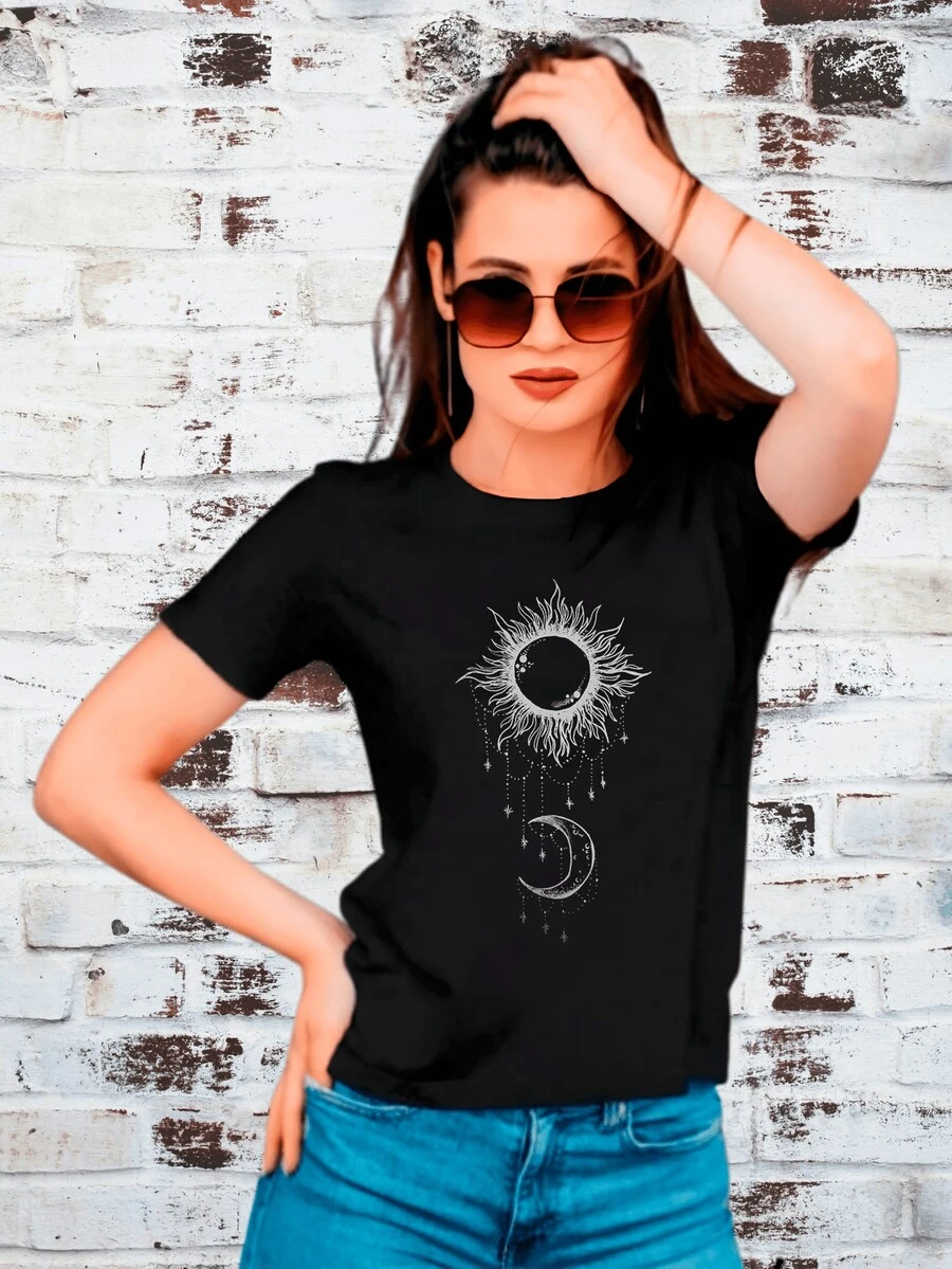 Women's Baby Look Sun And Moon T-Shirt - NEW Tumblr Style With Premium Cotton - màu đen - Xem 1