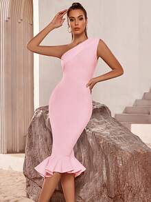 Sleeveless One Shoulder Fish Tail Bandage Party Dress, Elegant Cocktail Semi Formal Prom Dress, For Birthday, Wedding Guest, Graduation, Dinner, Homecoming