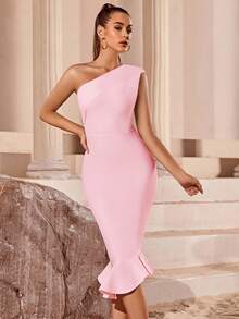 Sleeveless One Shoulder Fish Tail Bandage Party Dress, Elegant Cocktail Semi Formal Prom Dress, For Birthday, Wedding Guest, Graduation, Dinner, Homecoming