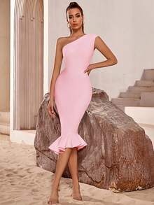 Sleeveless One Shoulder Fish Tail Bandage Party Dress, Elegant Cocktail Semi Formal Prom Dress, For Birthday, Wedding Guest, Graduation, Dinner, Homecoming