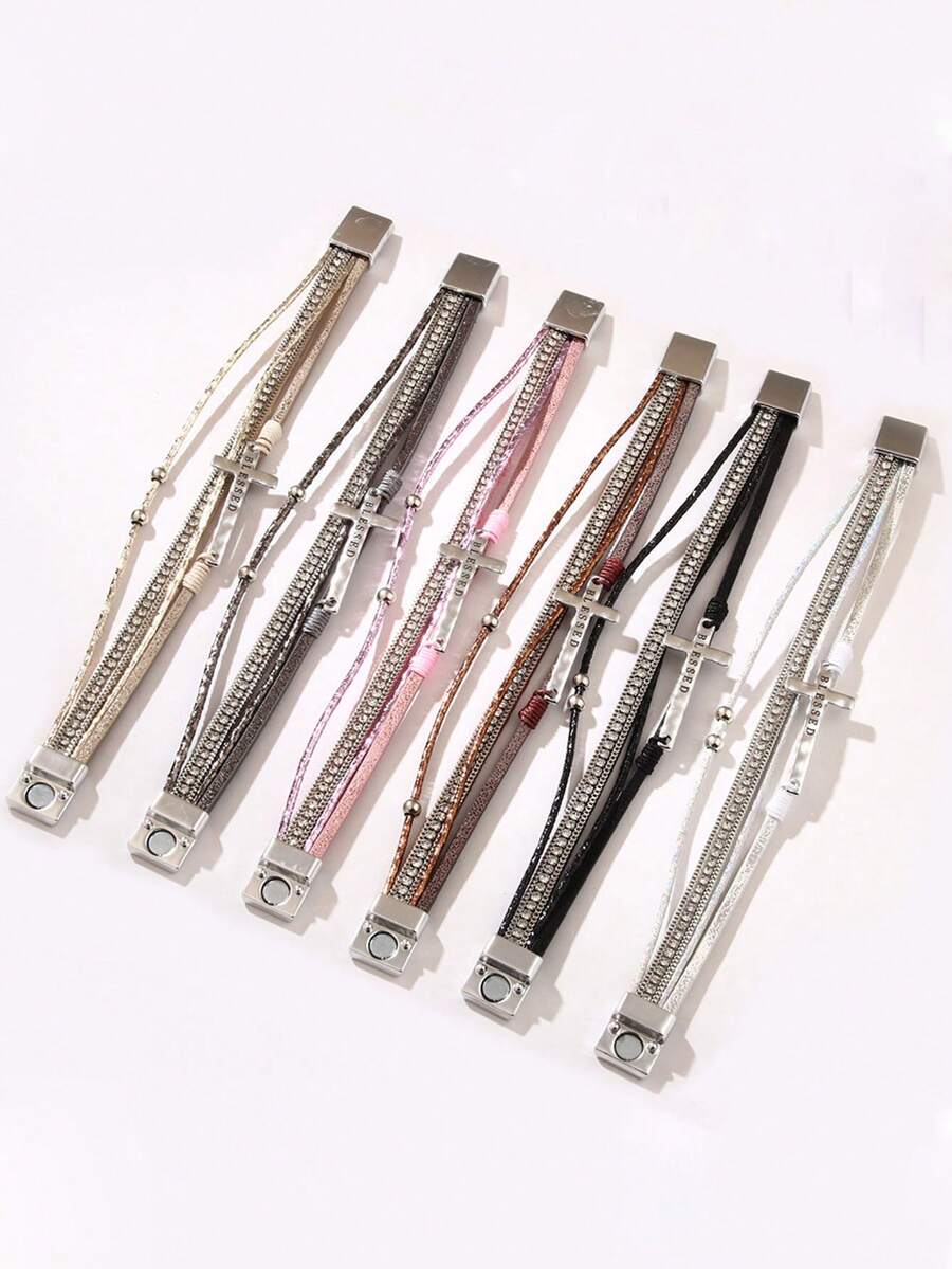 1 chiếc vòng tay nam châm đính đá chéo bằng da PU phong cách Châu Âu & Mỹ dành cho nữ - Hồng - Xem 1