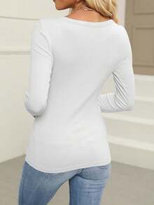 Huskary Womens Scoop Neck Long Sleeve Ribbed Knit Fitted Casual Tops Tee Slim Basic Shirts ﻿ - 白色 - 查看 2