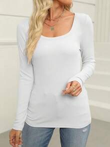 Huskary Womens Scoop Neck Long Sleeve Ribbed Knit Fitted Casual Tops Tee Slim Basic Shirts ﻿ - 白色 - 查看 3