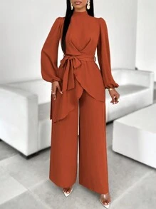 AIJ Amarilo 女士时尚系带前长袖腰带宽松休闲衬衫搭配阔腿裤，适合节日、新娘送礼会和特殊场合