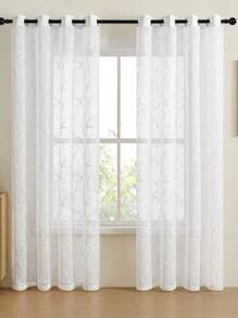 2 Stück weiße transparente Vorhänge mit salbeigrünem Blumenmuster, Ösenfalten, halbtransparent, geeignet für Schlafzimmer, Wohnzimmer, Balkon, Land-, Farmhaus-Stil