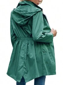 Women Light Rain Jacket Waterproof Active Outdoor Trench Raincoat With Hood Ladies Lightweight Windproof Windbreaker - 墨綠色 - 查看 4