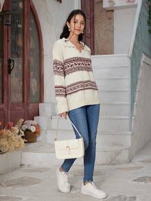 女士新款时尚菱形提花马球领毛衣 - 杏色 - 查看 4