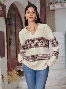 女士新款时尚菱形提花马球领毛衣 - 杏色 - 查看 1