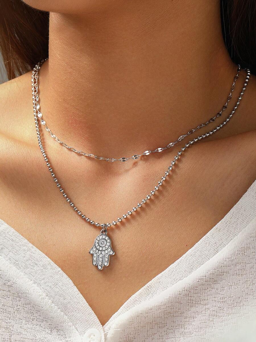 Aomogo 1 chiếc vòng cổ mặt dây chuyền bằng thép không gỉ đính kim cương năm ngón tay thời trang, tinh tế, thiết kế độc đáo, quà tặng trang sức giản dị cho phụ nữ - vòng cổ - Xem 1