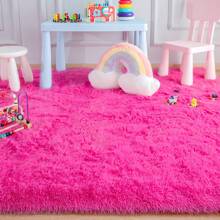 Fluffy Modern Area Rugs For Living Room Bedroom,Plush High Pile Purple Rug For Kids Girls Room Nursery Home Decor, Upgrade Non-Slip Girls Bedroom Soft Indoor Rug - 玫紅色 - 查看 3