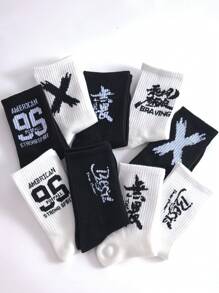 4双装男士黑白时尚街头风字母印花运动中筒袜，防滑、防摩擦、吸湿排汗、防臭，适合篮球、足球等运动，四季皆宜。 - 彩色 - 查看 6