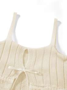 Women's Cold Shoulder Sweaters Long Sleeve Contrast Lace Knit Pullovers Bow Front Jumper Tops