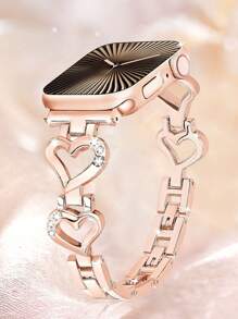 1pc Rose Gold Metal Hollow Heart-Shape Crystal Inlaid Shiny Jewelry Watch Band For Ultra 3 2 1 SE S10 S9 S8 S7 S6 S5 S4 S3 S2 S1 Smart Watch Series 38mm 40mm 41mm 42mm 44mm 45mm 46mm 49mm, Valentine's Day Gift For Couples