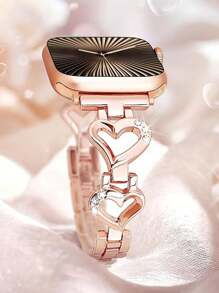 1pc Rose Gold Metal Hollow Heart-Shape Crystal Inlaid Shiny Jewelry Watch Band For Ultra 3 2 1 SE S10 S9 S8 S7 S6 S5 S4 S3 S2 S1 Smart Watch Series 38mm 40mm 41mm 42mm 44mm 45mm 46mm 49mm, Valentine's Day Gift For Couples