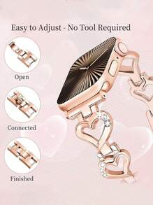 1pc Rose Gold Metal Hollow Heart-Shape Crystal Inlaid Shiny Jewelry Watch Band For Ultra 3 2 1 SE S10 S9 S8 S7 S6 S5 S4 S3 S2 S1 Smart Watch Series 38mm 40mm 41mm 42mm 44mm 45mm 46mm 49mm, Valentine's Day Gift For Couples