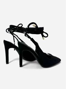 RevReaL REVREAL Women's Pointed Toe Black Suede Stiletto Heels With Ankle Wrap Tie Stylish High Heels