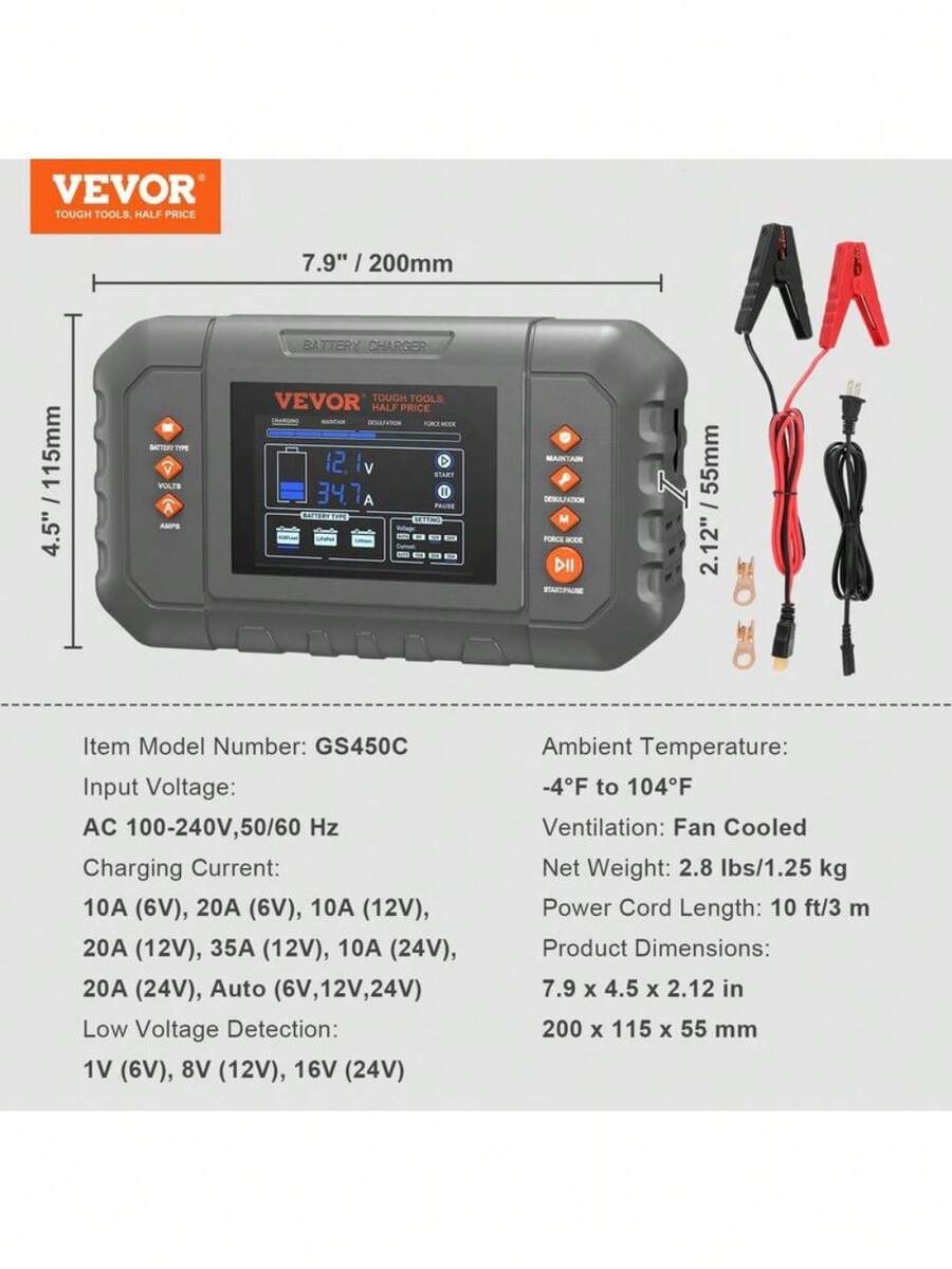 VEVOR Smart Battery Charger, LiFePO4 LeadAcid (AGM / Gel / SLA) Car