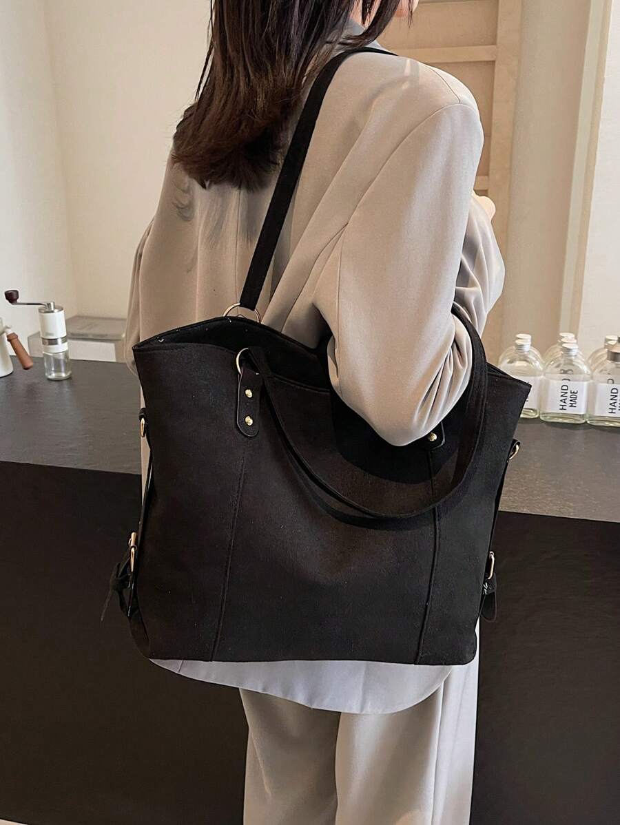 纯色鹿绒面革大容量复古手提包，女士节日度假购物袋 - 黑色 - 查看 1