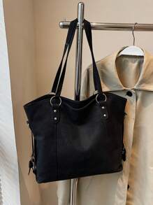 纯色鹿绒面革大容量复古手提包，女士节日度假购物袋 - 黑色 - 查看 4