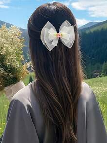 2 chiếc nơ cài tóc lưới màu be cho nữ, kẹp tóc cá sấu bằng vải tuyn có hoa hồng hồng, kẹp tóc công chúa thanh lịch, kẹp tóc đuôi sam cho bé gái, tiệc cưới, tiệc sinh nhật, phụ kiện tóc cho nữ - Lưới màu be - Xem 3