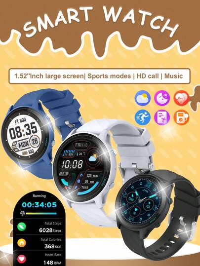 Relógio inteligente masculino com pulseira de silicone, tela redonda sensível ao toque HD de 1,52", temperatura, previsão do tempo, Bluetooth, rastreamento esportivo, lembrete de chamada, adequado para Android e iOS, ótimo para presentes, escola, esportes, reuniões, multifuncional