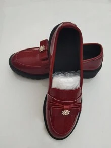 Women's Butterfly Rhinestone Decor Platform Loafers, Casual Style Red Small Leather Slip-On Shoes For Daily, Spring/Autumn - Red - View 7