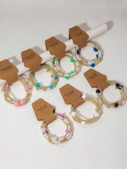 4pcs Gold Beaded Polymer Clay Cross Bracelet Set, Handmade Boho Stackable Elastic Bead Cross Bracelet, Gift For Women (White Cross Has Slight Stain, Please Note If Concerned)