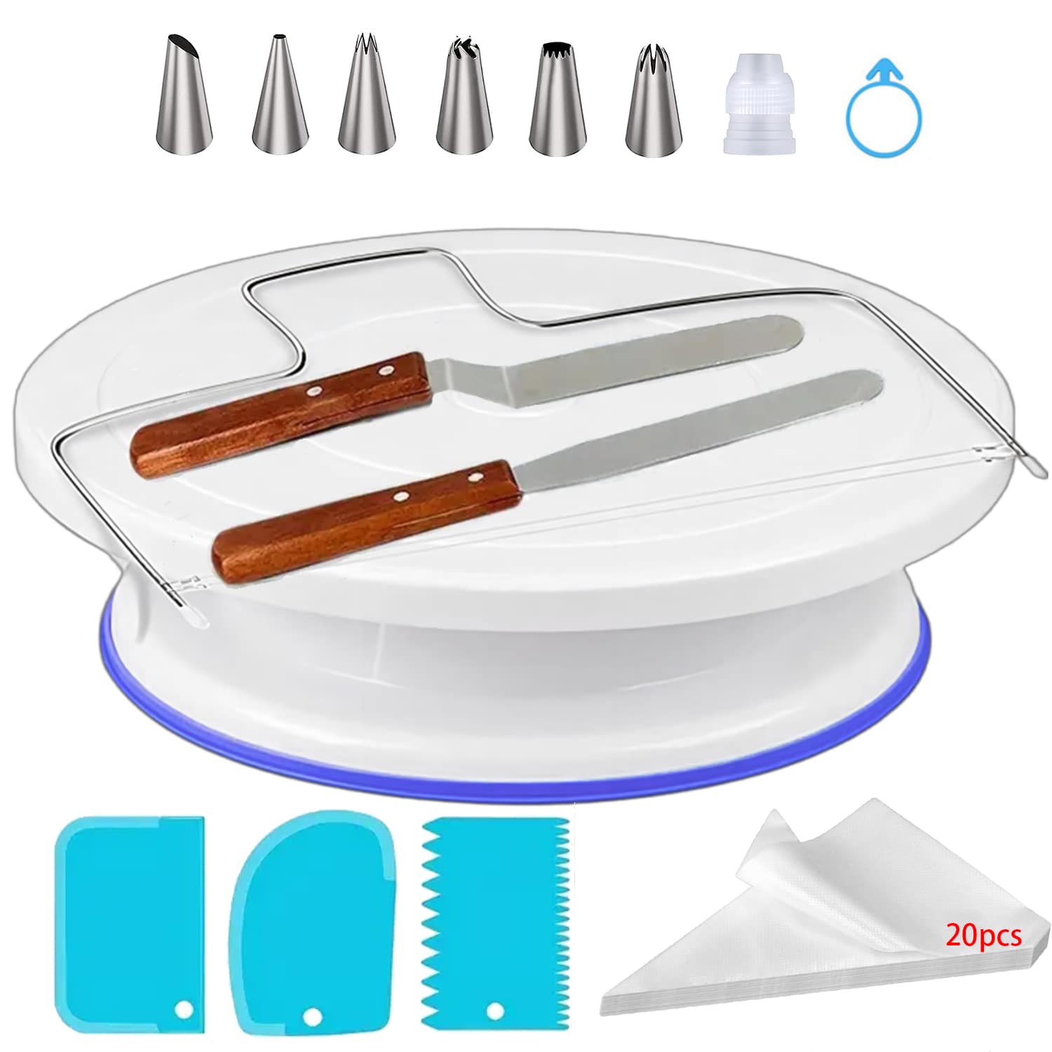 Bộ 35 đầu bắt kem bằng thép không gỉ, Bàn xoay bánh, Bộ dụng cụ làm bánh, Bao gồm 6 đầu bắt kem bằng thép không gỉ, 1 Bàn xoay bánh, 20 túi bắt kem dùng một lần, 1 dụng cụ san phẳng bánh, 2 thìa phết kem có cán bằng gỗ, 3 dụng cụ cạo kem, 1 khớp nối, 1 vòng silicon, Dùng để trang trí bánh, bánh nướng nhỏ, trang trí khay nướng, dụng cụ làm bánh, dụng cụ phủ kem, dụng cụ làm bánh, kem, bánh quy, Phụ kiện nhà bếp - Dụng cụ trang trí - Xem 1