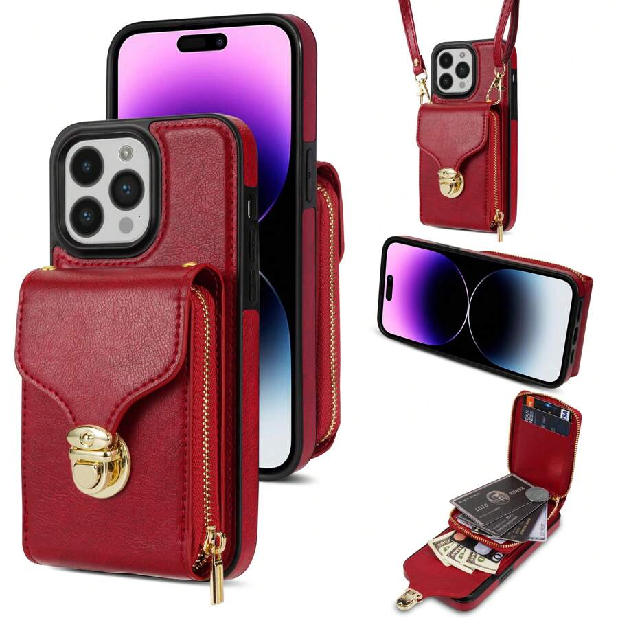 Bao da dạng ví tương thích với iPhone 16/15/14/13/12/11 Bao da đeo chéo có ngăn đựng thẻ tín dụng và nút bấm dây đeo Vỏ bảo vệ chống sốc bằng PU dành cho quà tặng Giáng sinh, sinh nhật, năm mới, mùa đông, quà tặng cho gia đình, bạn bè, sinh nhật, bạn gái, bạn trai - Đỏ - Xem 1