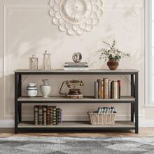 Farmhouse Console Table, 55.1" Entryway Table With Storage, 3 Tier Sofa Table With Metal Frame, Behind Couch Table For Living Room, Hallway, Entryway - Grey - View 6