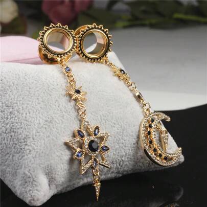 2PCS Stainless Steel Elegant Women Star Moon Ear Gauges Plugs Tunnels Dangle Earring Expander Body Piercing Jewelry Wedding Vacation